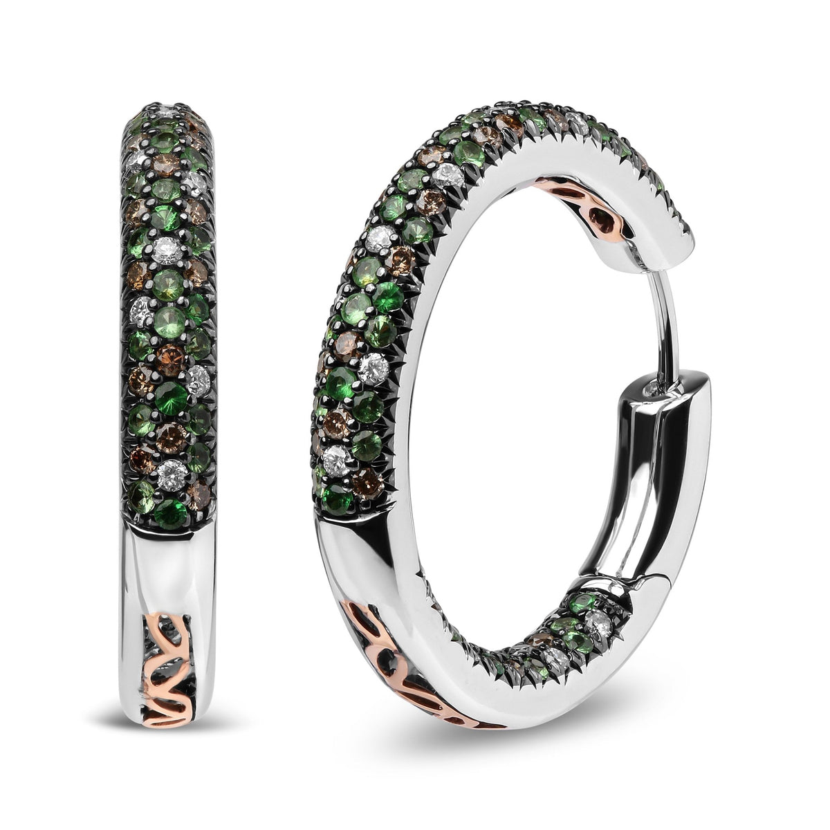 18K White Gold 1.00 Cttw Brown and White Diamond and 1.3mm Round Green Tsavorite Gemstone Inside Outside Hoop Earrings (Brown and G-H Color, SI1-SI2 Clarity) - LinkagejewelrydesignLinkagejewelrydesign