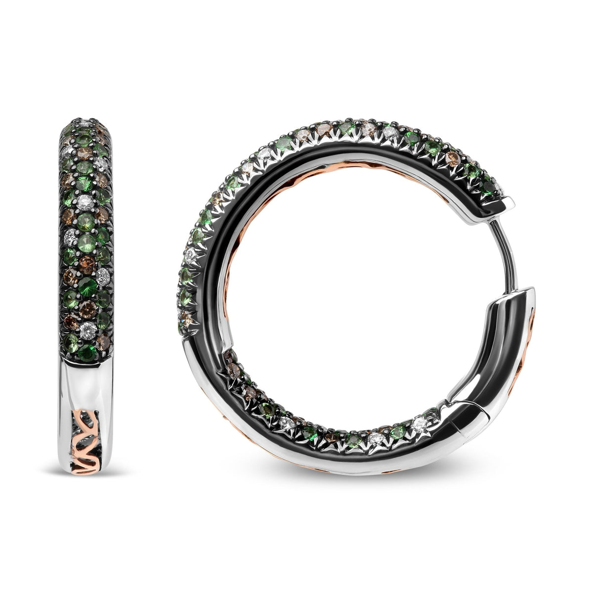 18K White Gold 1.00 Cttw Brown and White Diamond and 1.3mm Round Green Tsavorite Gemstone Inside Outside Hoop Earrings (Brown and G-H Color, SI1-SI2 Clarity) - LinkagejewelrydesignLinkagejewelrydesign