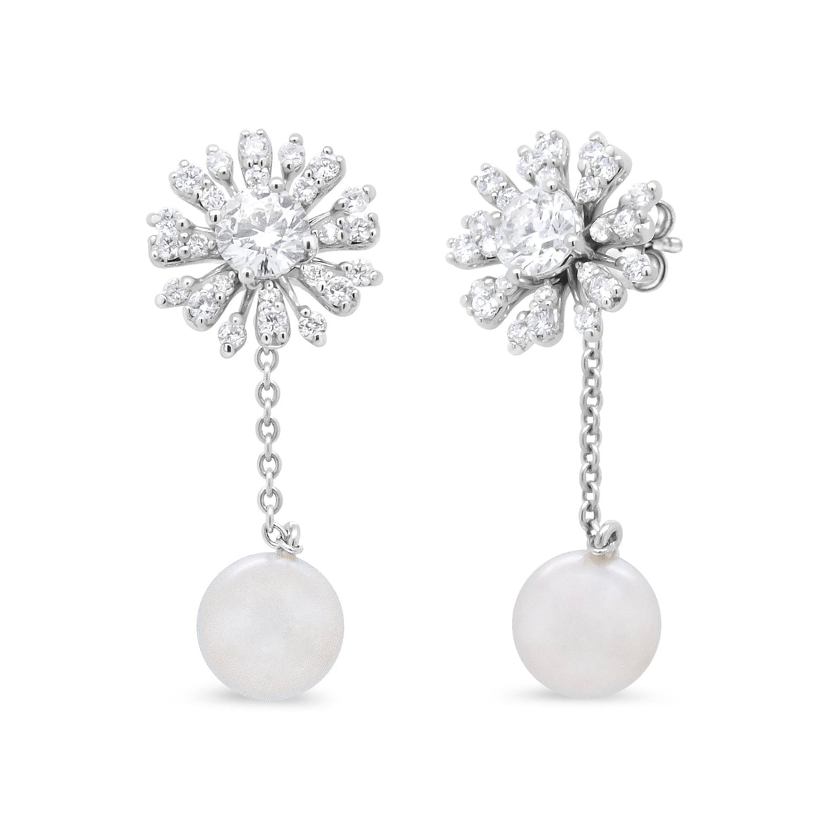 18K White Gold 1.00 Cttw Diamond and 3.5mm Cultured Freshwater Pearl Floral Drop Stud Earrings (F-G Color, SI2-I1 Clarity) - LinkagejewelrydesignLinkagejewelrydesign
