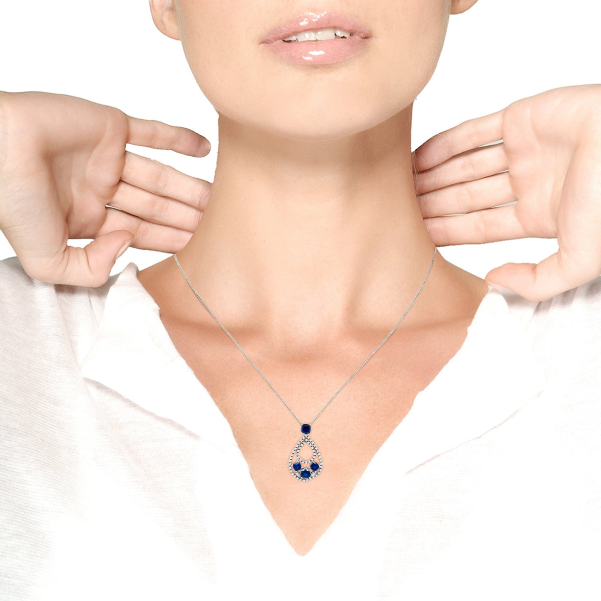 18K White Gold 1.00 Cttw Diamond and Blue Cushion-Shape Sapphire Openwork Teardrop Shape 18&quot; Pendant Necklace (G-H Color, I1-I2 Clarity) - LinkagejewelrydesignLinkagejewelrydesign