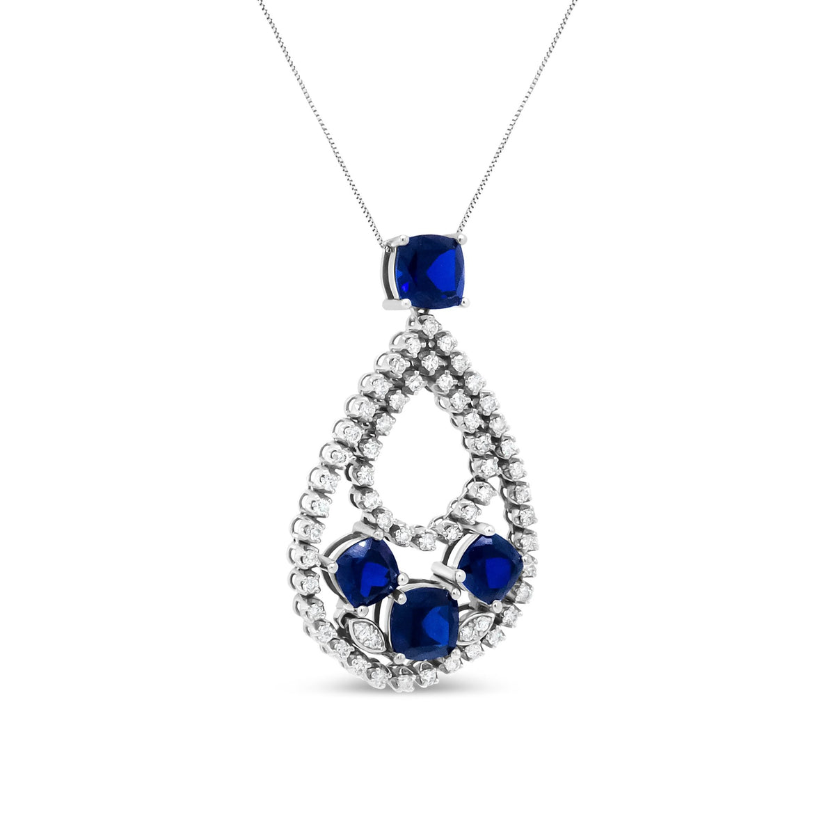 18K White Gold 1.00 Cttw Diamond and Blue Cushion-Shape Sapphire Openwork Teardrop Shape 18&quot; Pendant Necklace (G-H Color, I1-I2 Clarity) - LinkagejewelrydesignLinkagejewelrydesign