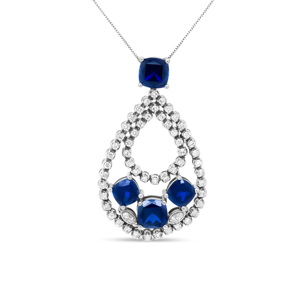 18K White Gold 1.00 Cttw Diamond and Blue Cushion-Shape Sapphire Openwork Teardrop Shape 18&quot; Pendant Necklace (G-H Color, I1-I2 Clarity) - LinkagejewelrydesignLinkagejewelrydesign