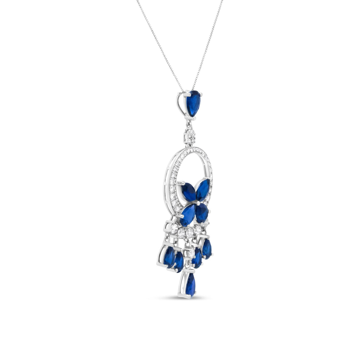 18K White Gold 1.00 Cttw Diamond and Blue Sapphire Openwork Chandelier Cascade 18&quot; Pendant Necklace (F-G Color, SI Clarity) - LinkagejewelrydesignLinkagejewelrydesign