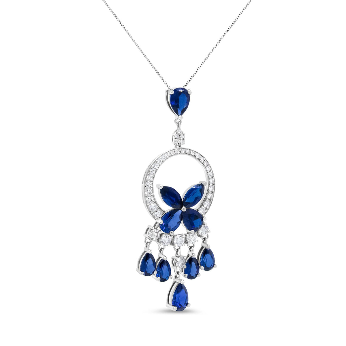 18K White Gold 1.00 Cttw Diamond and Blue Sapphire Openwork Chandelier Cascade 18&quot; Pendant Necklace (F-G Color, SI Clarity) - LinkagejewelrydesignLinkagejewelrydesign
