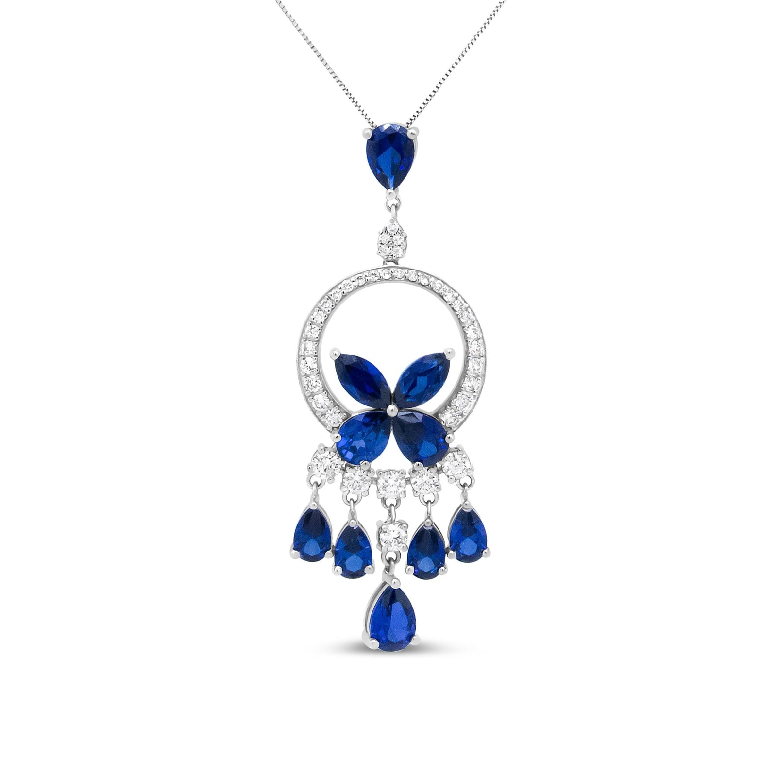 18K White Gold 1.00 Cttw Diamond and Blue Sapphire Openwork Chandelier Cascade 18" Pendant Necklace (F-G Color, SI Clarity) - LinkagejewelrydesignLinkagejewelrydesign