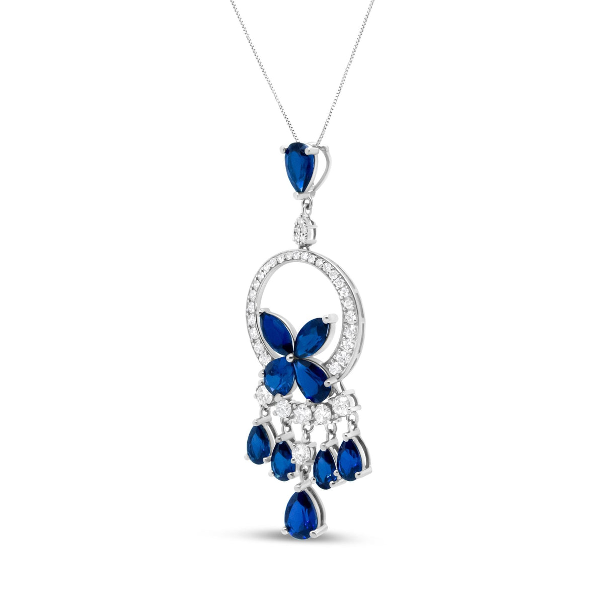 18K White Gold 1.00 Cttw Diamond and Blue Sapphire Openwork Chandelier Cascade 18&quot; Pendant Necklace (F-G Color, SI Clarity) - LinkagejewelrydesignLinkagejewelrydesign