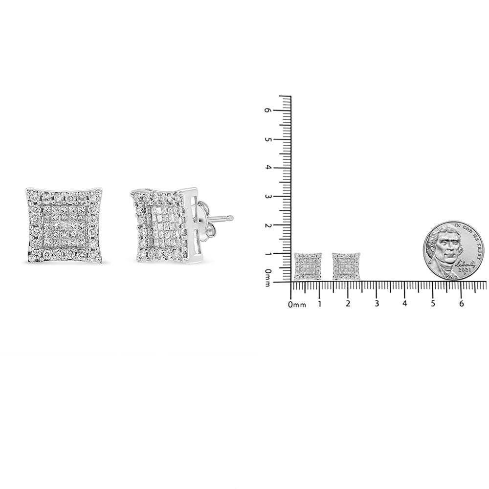 18K White Gold 1.00 Cttw Round and Princess-Cut Diamond Halo Square Stud Earring (G-H Color, SI1-SI2 Clarity) - LinkagejewelrydesignLinkagejewelrydesign
