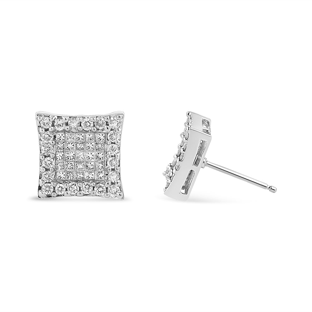 18K White Gold 1.00 Cttw Round and Princess-Cut Diamond Halo Square Stud Earring (G-H Color, SI1-SI2 Clarity) - LinkagejewelrydesignLinkagejewelrydesign