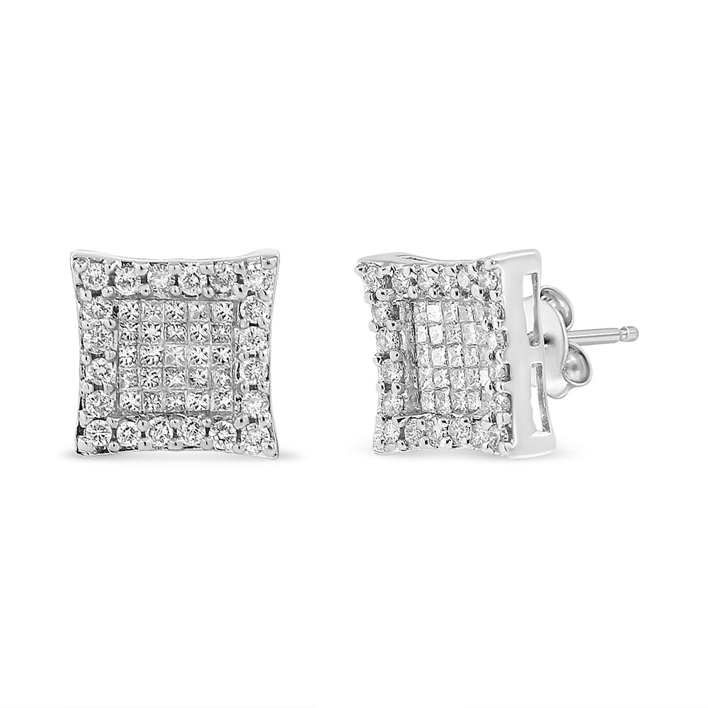 18K White Gold 1.00 Cttw Round and Princess-Cut Diamond Halo Square Stud Earring (G-H Color, SI1-SI2 Clarity) - LinkagejewelrydesignLinkagejewelrydesign