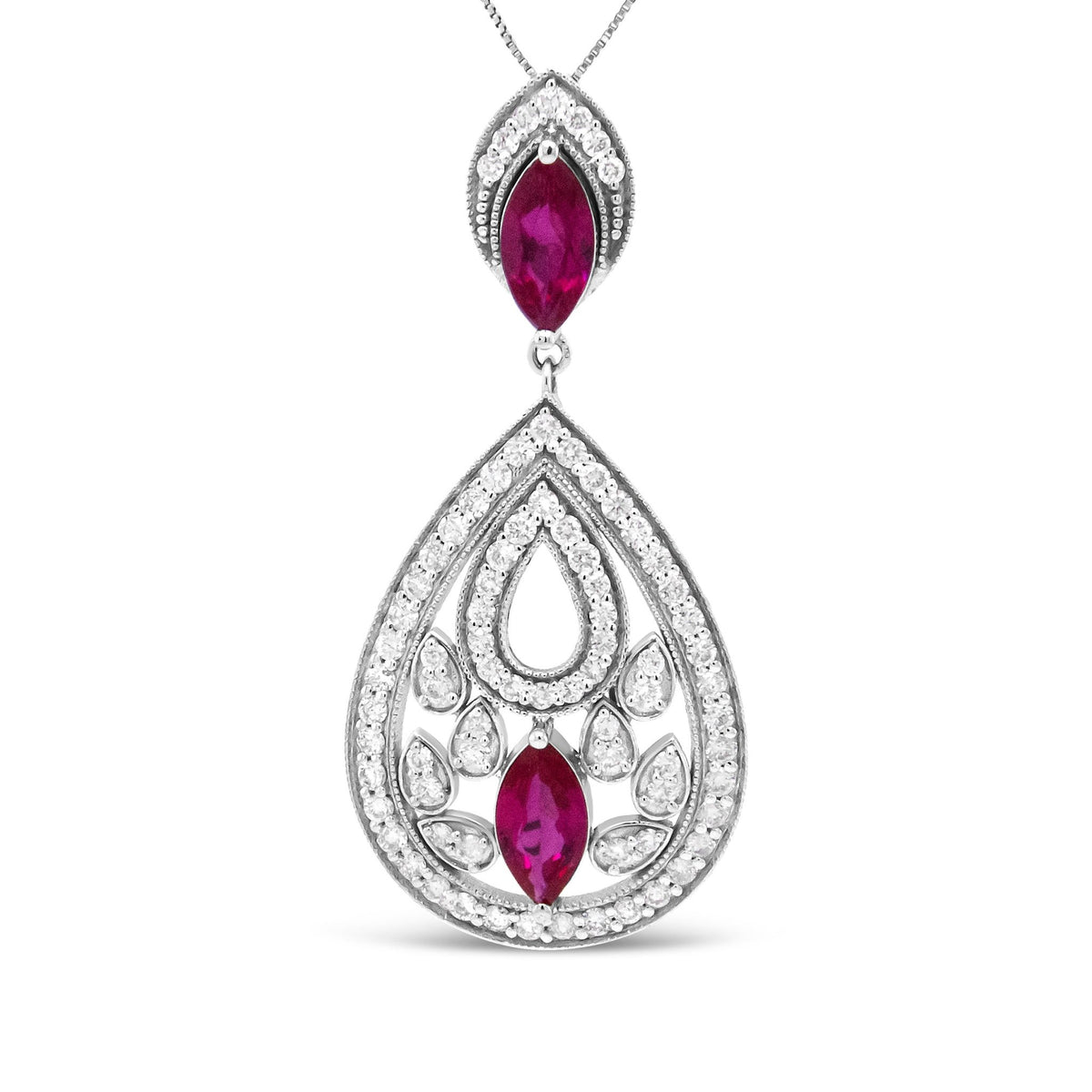 18K White Gold 1.00 Cttw Round Diamond and 8.5 x 4.5mm Marquise Ruby Openwork Teardrop Dangle 18&quot; Pendant Necklace (G-H Color, I1-I2 Clarity) - LinkagejewelrydesignLinkagejewelrydesign
