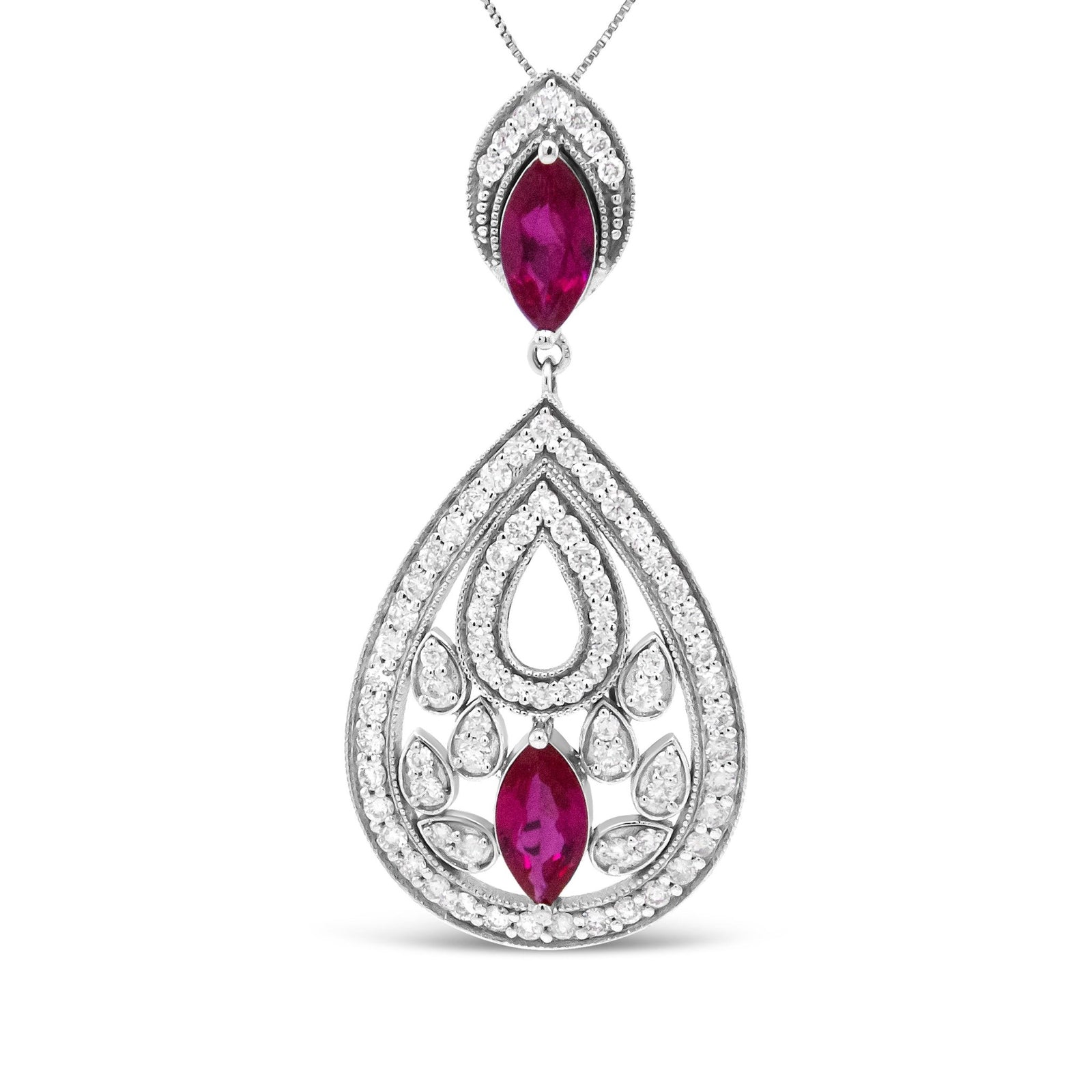 18K White Gold 1.00 Cttw Round Diamond and 8.5 x 4.5mm Marquise Ruby Openwork Teardrop Dangle 18" Pendant Necklace (G-H Color, I1-I2 Clarity) - LinkagejewelrydesignLinkagejewelrydesign