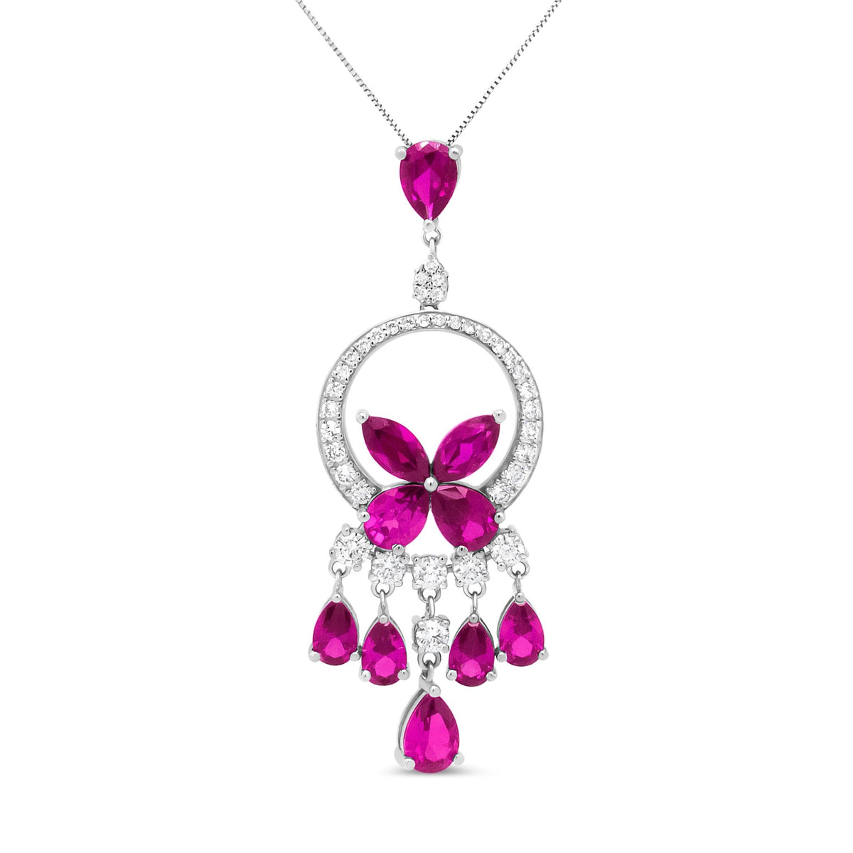 18K White Gold 1.00 Cttw Round Diamond and Red Ruby Openwork Floral Chandelier Drop 18&quot; Pendant Necklace (F-G Color, SI1-SI2 Clarity) - LinkagejewelrydesignLinkagejewelrydesign