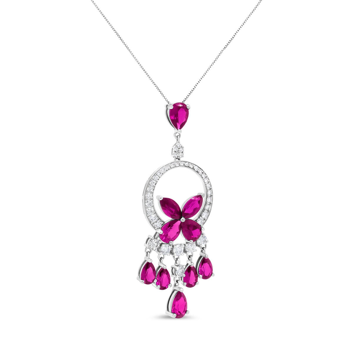 18K White Gold 1.00 Cttw Round Diamond and Red Ruby Openwork Floral Chandelier Drop 18&quot; Pendant Necklace (F-G Color, SI1-SI2 Clarity) - LinkagejewelrydesignLinkagejewelrydesign