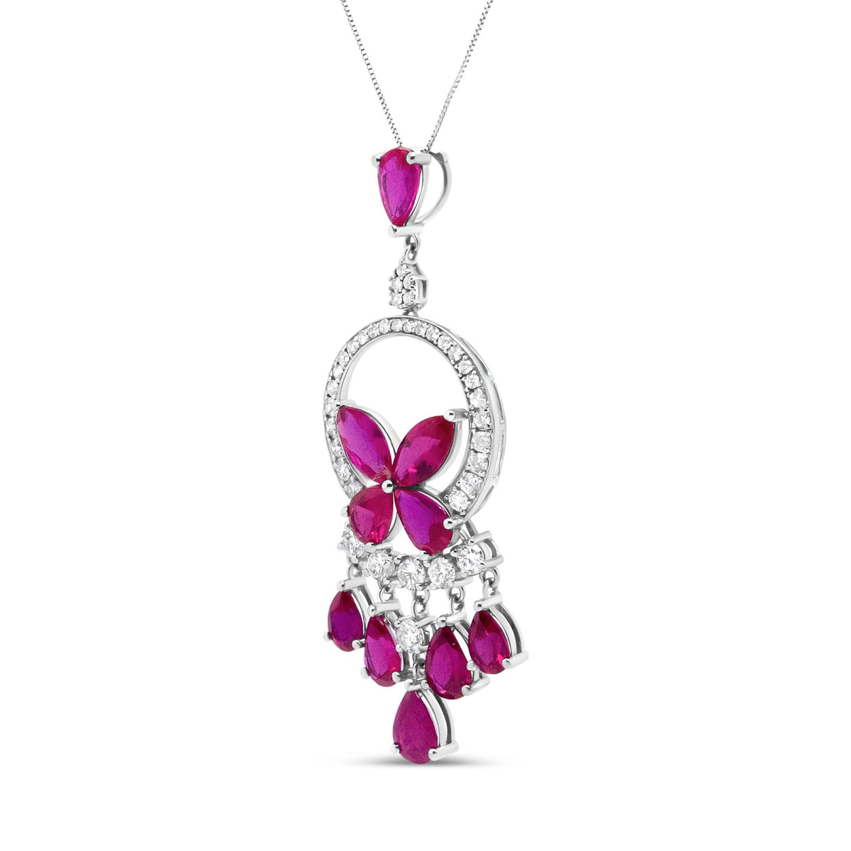 18K White Gold 1.00 Cttw Round Diamond and Red Ruby Openwork Floral Chandelier Drop 18&quot; Pendant Necklace (F-G Color, SI1-SI2 Clarity) - LinkagejewelrydesignLinkagejewelrydesign