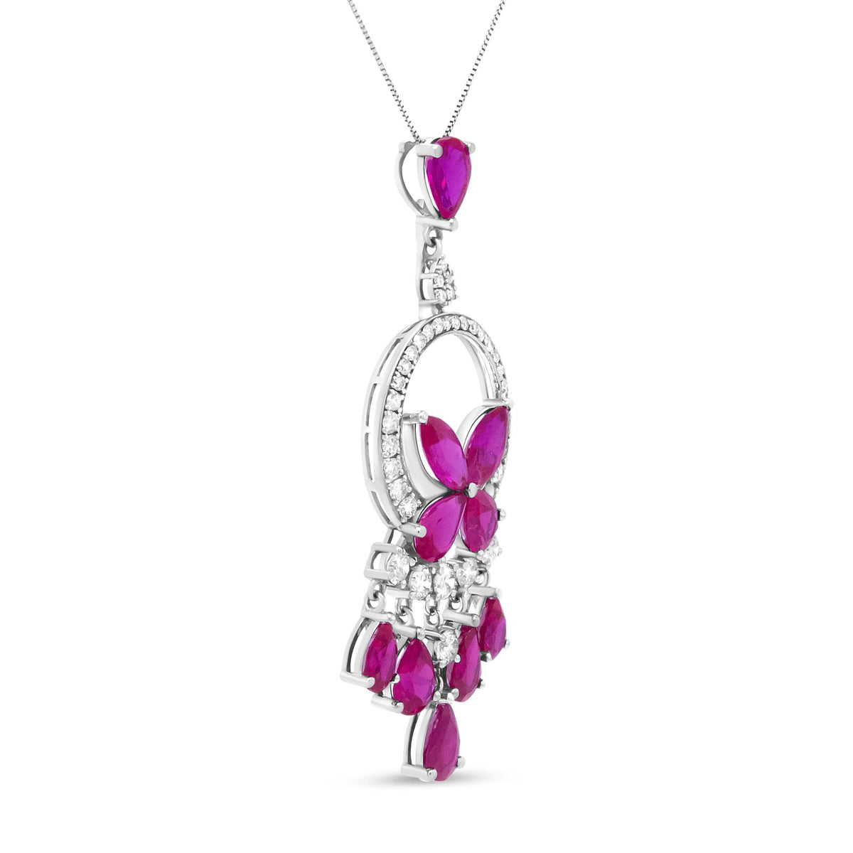 18K White Gold 1.00 Cttw Round Diamond and Red Ruby Openwork Floral Chandelier Drop 18&quot; Pendant Necklace (F-G Color, SI1-SI2 Clarity) - LinkagejewelrydesignLinkagejewelrydesign