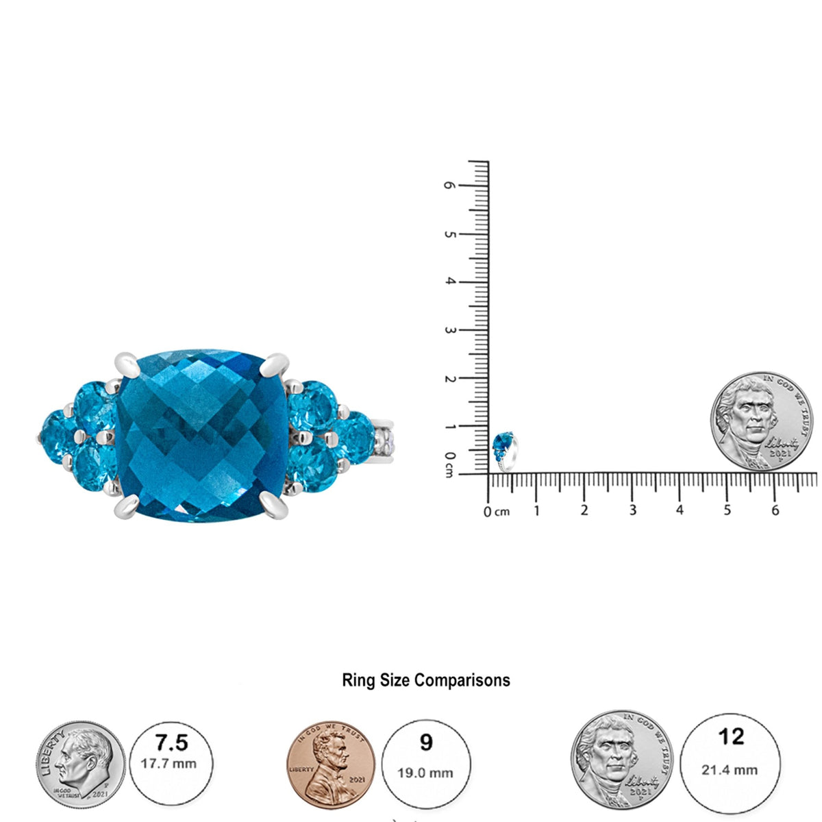 18K White Gold 10mm Cushion Shaped Blue Topaz and 1/6 Cttw Diamond 3 Stone Style Ring (F-G Color, VS1-VS2 Clarity) - Ring Size 6.5 - LinkagejewelrydesignLinkagejewelrydesign
