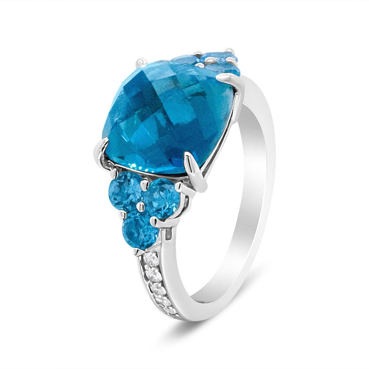 18K White Gold 10mm Cushion Shaped Blue Topaz and 1/6 Cttw Diamond 3 Stone Style Ring (F-G Color, VS1-VS2 Clarity) - Ring Size 6.5 - LinkagejewelrydesignLinkagejewelrydesign
