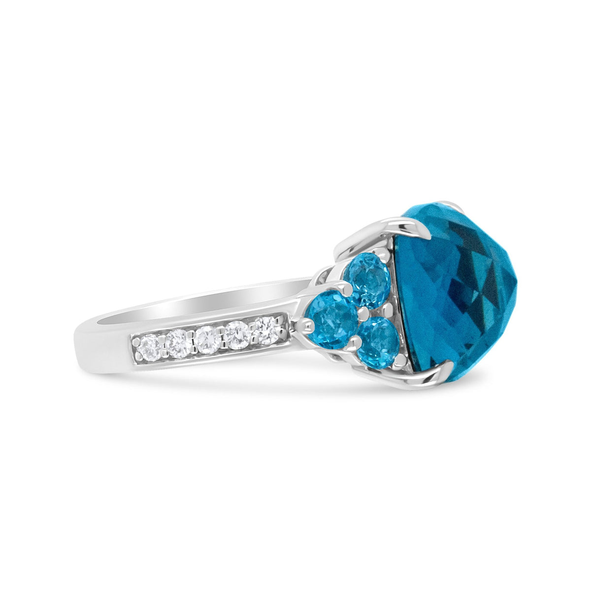 18K White Gold 10mm Cushion Shaped Blue Topaz and 1/6 Cttw Diamond 3 Stone Style Ring (F-G Color, VS1-VS2 Clarity) - Ring Size 6.5 - LinkagejewelrydesignLinkagejewelrydesign