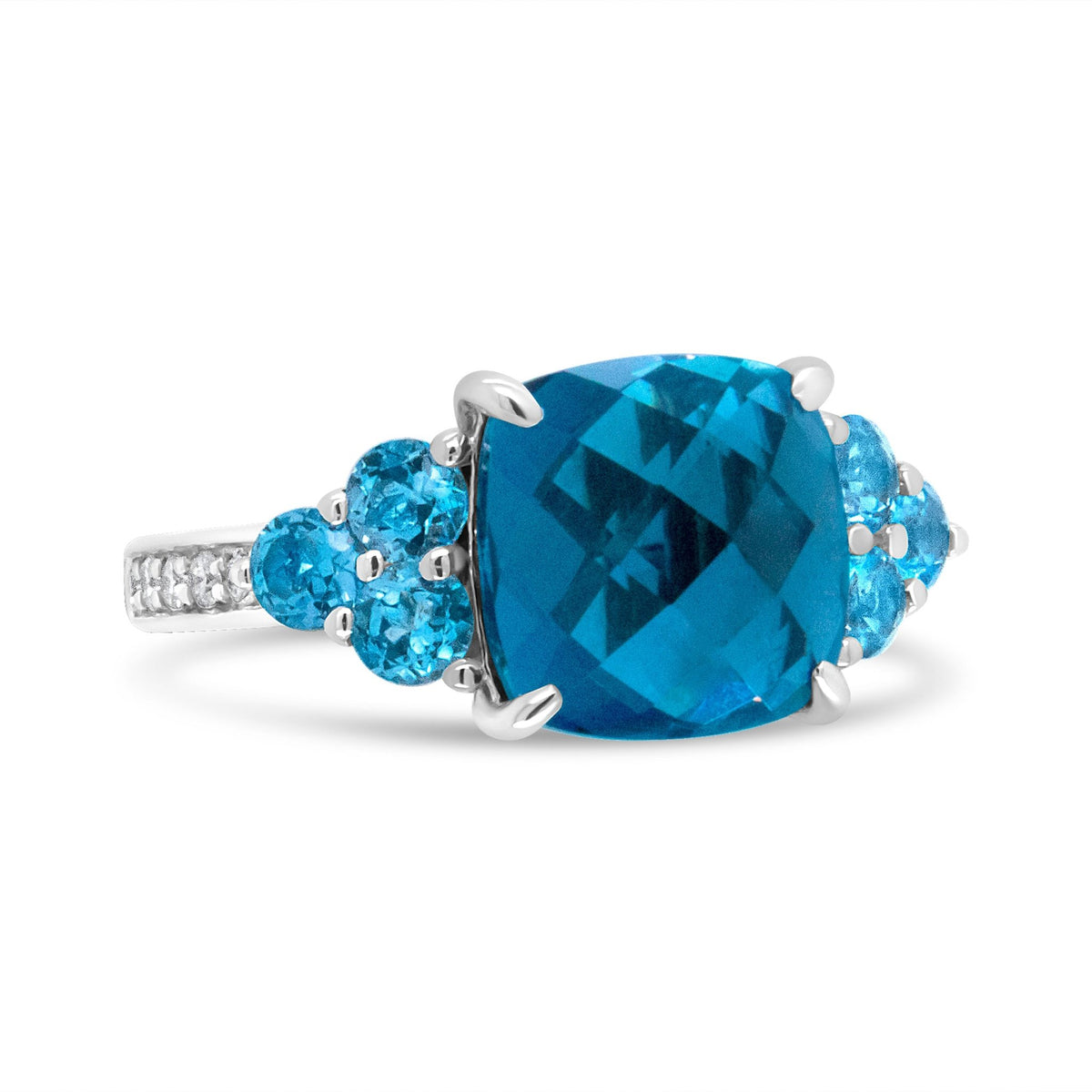 18K White Gold 10mm Cushion Shaped Blue Topaz and 1/6 Cttw Diamond 3 Stone Style Ring (F-G Color, VS1-VS2 Clarity) - Ring Size 6.5 - LinkagejewelrydesignLinkagejewelrydesign