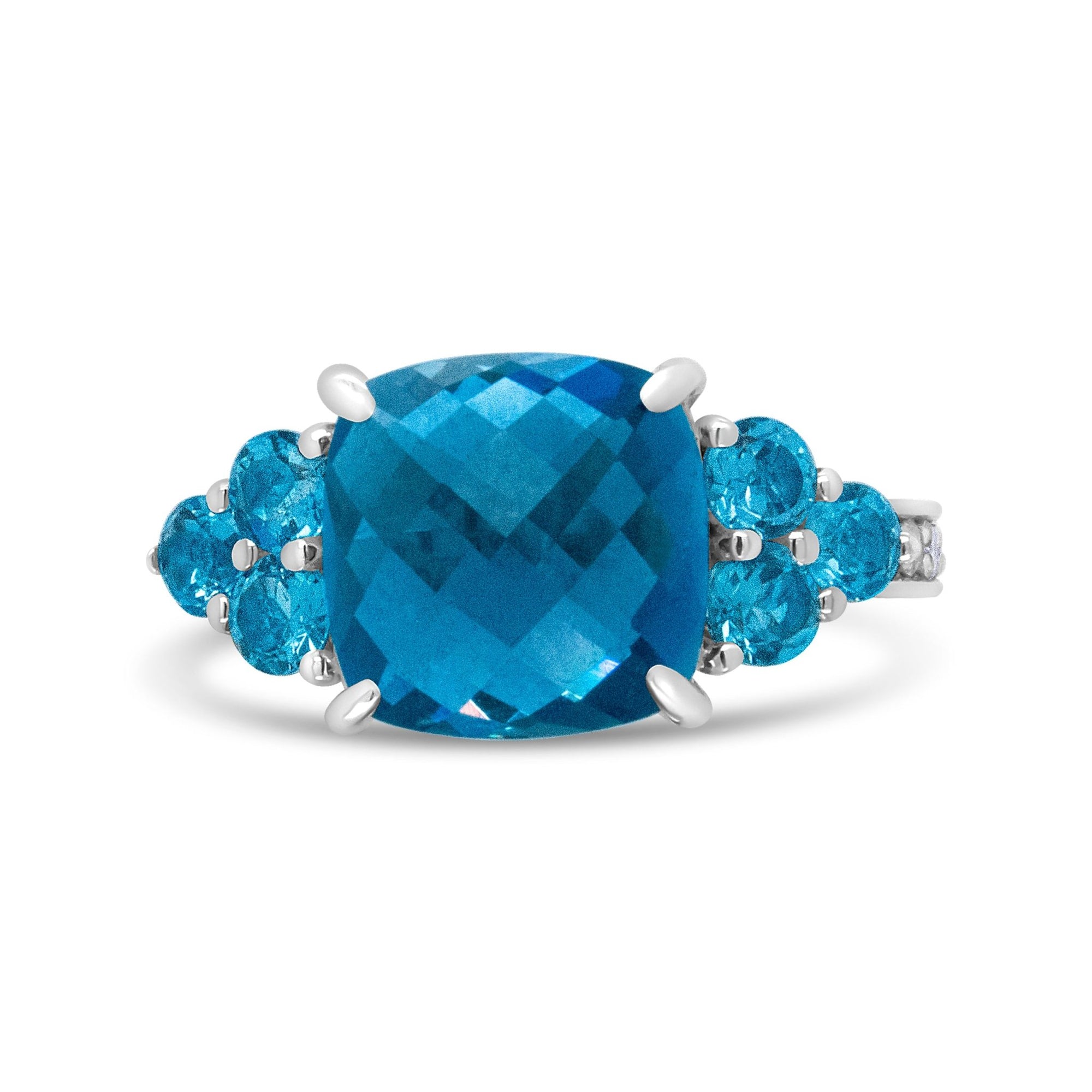 18K White Gold 10mm Cushion Shaped Blue Topaz and 1/6 Cttw Diamond 3 Stone Style Ring (F-G Color, VS1-VS2 Clarity) - Ring Size 6.5 - LinkagejewelrydesignLinkagejewelrydesign