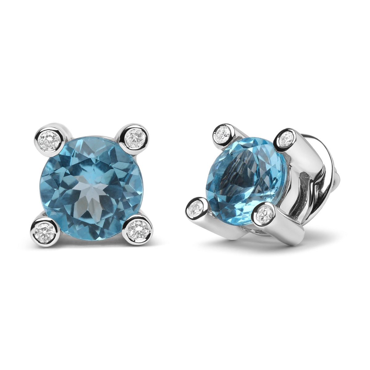 18K White Gold 1/10 Cttw Round Bezel Diamond and 10x10mm Round Sky Blue Topaz Gemstone Stud Earrings (G-H Color, I1-I2 Clarity) - LinkagejewelrydesignLinkagejewelrydesign