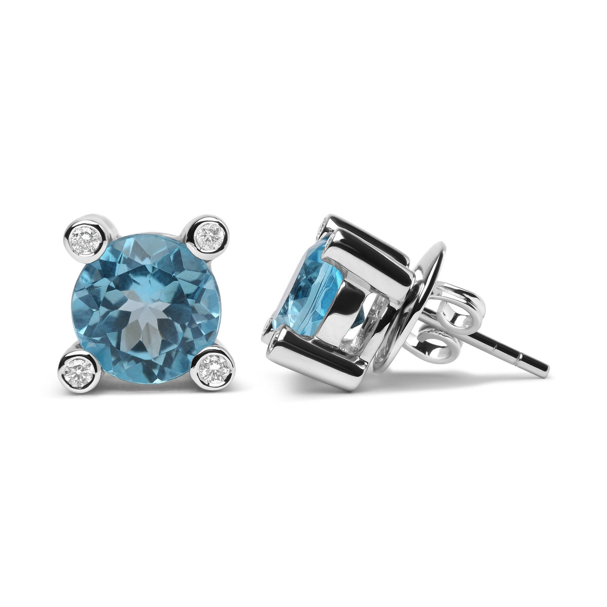 18K White Gold 1/10 Cttw Round Bezel Diamond and 10x10mm Round Sky Blue Topaz Gemstone Stud Earrings (G-H Color, I1-I2 Clarity) - LinkagejewelrydesignLinkagejewelrydesign