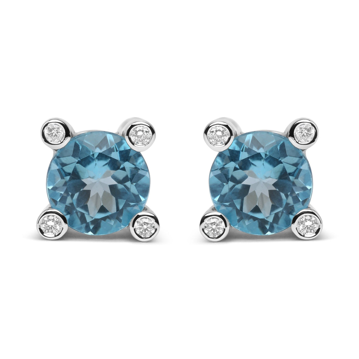 18K White Gold 1/10 Cttw Round Bezel Diamond and 10x10mm Round Sky Blue Topaz Gemstone Stud Earrings (G-H Color, I1-I2 Clarity) - LinkagejewelrydesignLinkagejewelrydesign