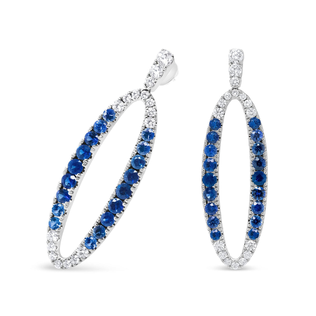 18K White Gold 1.11 Cttw Blue Round Diamond and Blue Sapphire Openwork Oval Shaped Dangle Earrings (F-G Color, VS1-VS2 Clarity) - LinkagejewelrydesignLinkagejewelrydesign