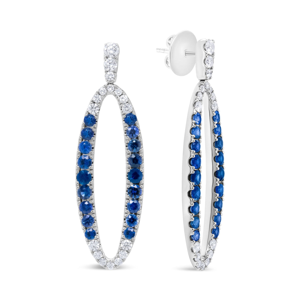 18K White Gold 1.11 Cttw Blue Round Diamond and Blue Sapphire Openwork Oval Shaped Dangle Earrings (F-G Color, VS1-VS2 Clarity) - LinkagejewelrydesignLinkagejewelrydesign