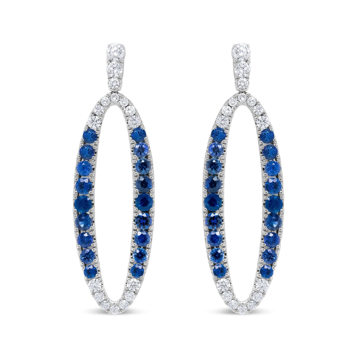 18K White Gold 1.11 Cttw Blue Round Diamond and Blue Sapphire Openwork Oval Shaped Dangle Earrings (F-G Color, VS1-VS2 Clarity) - LinkagejewelrydesignLinkagejewelrydesign