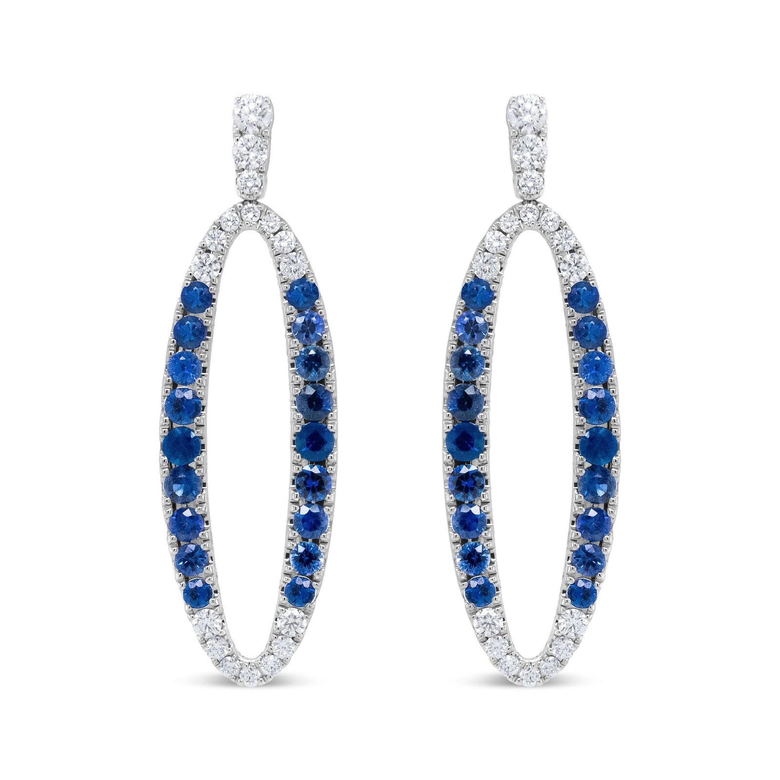 18K White Gold 1.11 Cttw Blue Round Diamond and Blue Sapphire Openwork Oval Shaped Dangle Earrings (F-G Color, VS1-VS2 Clarity) - LinkagejewelrydesignLinkagejewelrydesign