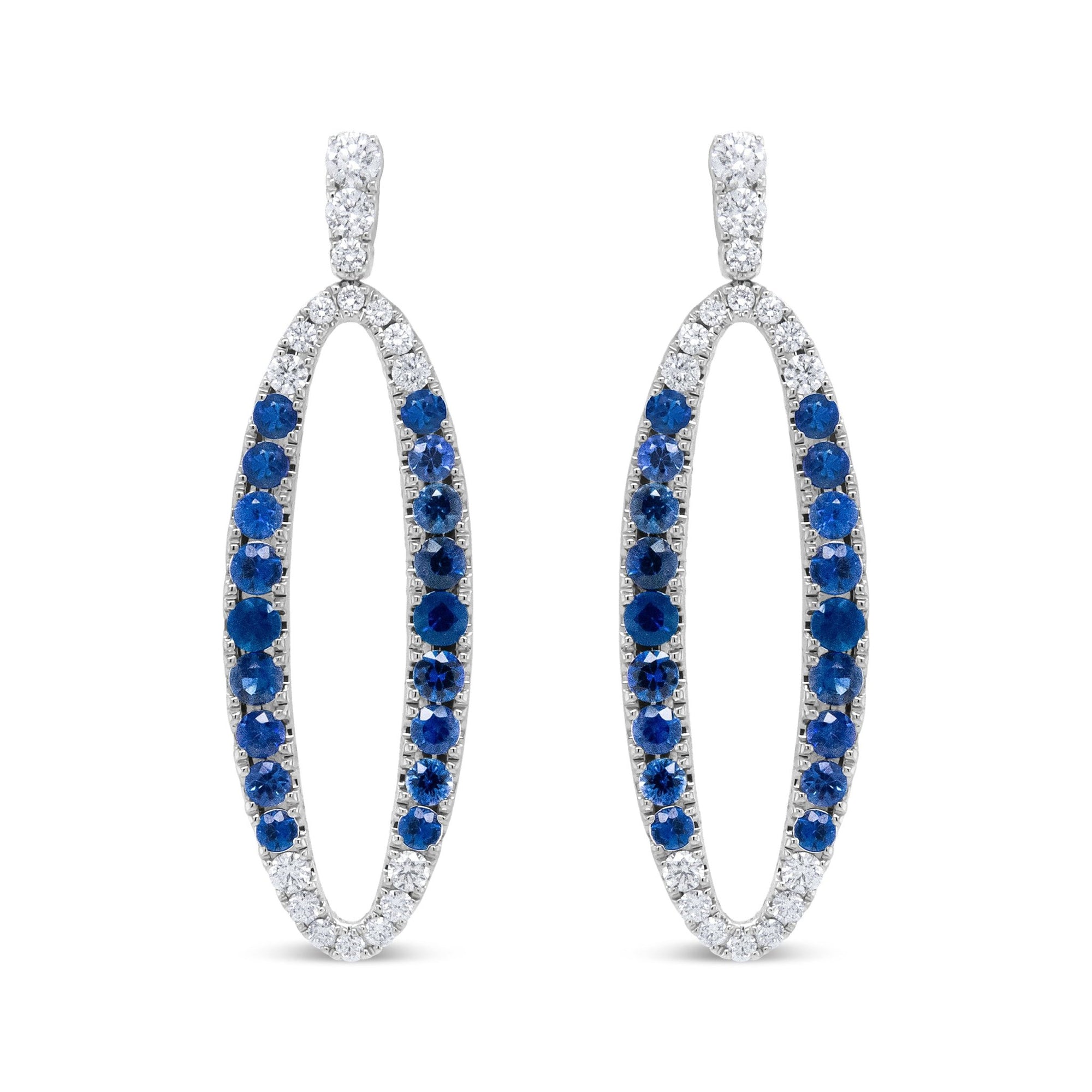 18K White Gold 1.11 Cttw Blue Round Diamond and Blue Sapphire Openwork Oval Shaped Dangle Earrings (F-G Color, VS1-VS2 Clarity) - LinkagejewelrydesignLinkagejewelrydesign