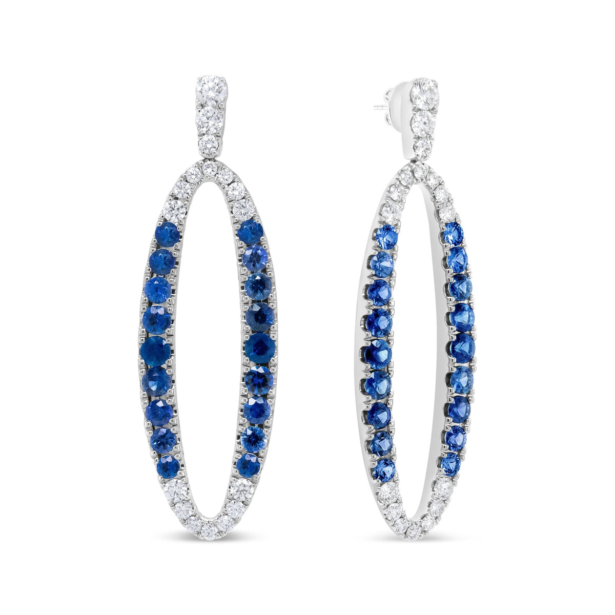 18K White Gold 1.11 Cttw Blue Round Diamond and Blue Sapphire Openwork Oval Shaped Dangle Earrings (F-G Color, VS1-VS2 Clarity) - LinkagejewelrydesignLinkagejewelrydesign
