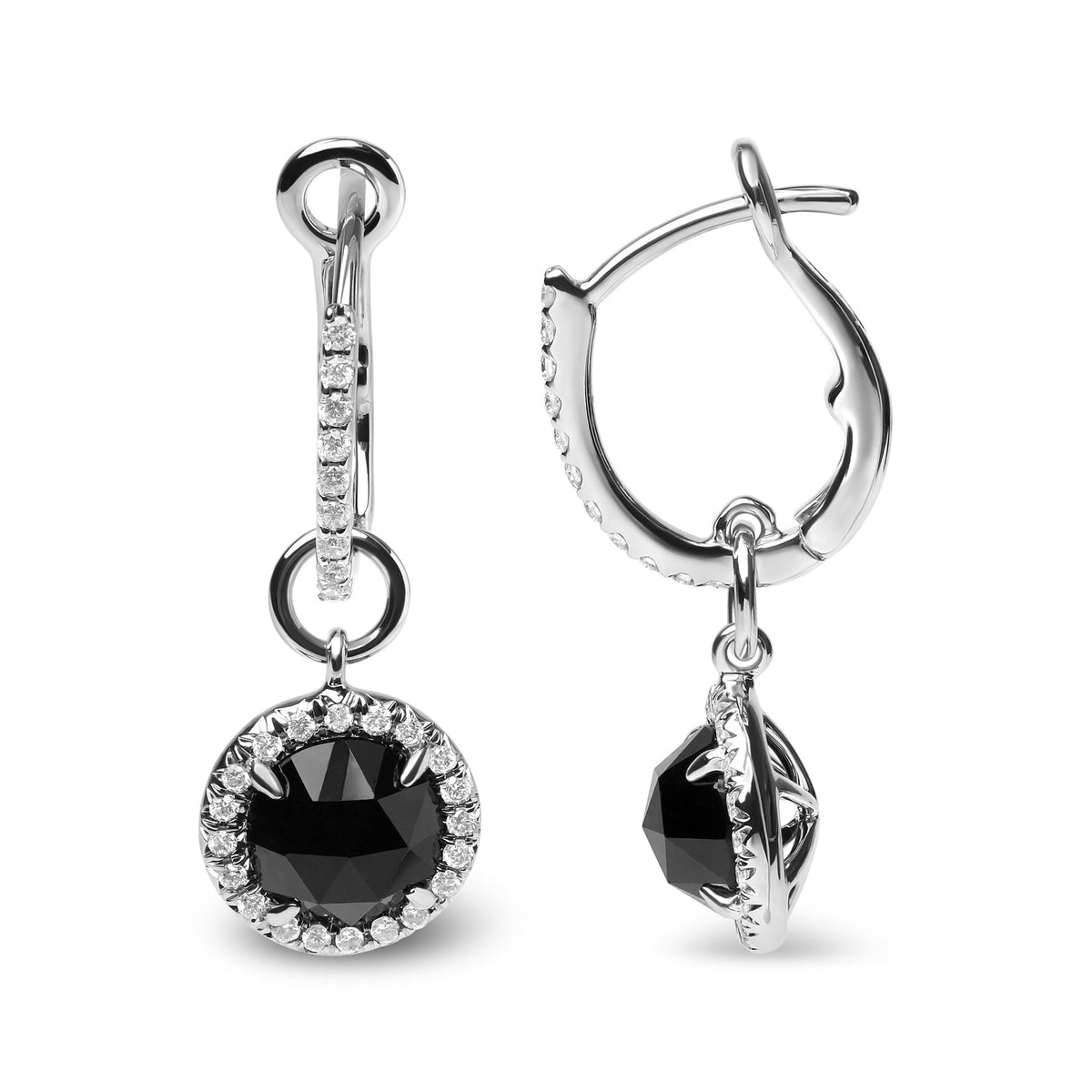 18K White Gold 1/3 Cttw Diamond and 7mm Round Black Onyx Gemstone Halo Dangle Hoop Earrings (G-H Color, SI1-SI2 Clarity) - LinkagejewelrydesignLinkagejewelrydesign