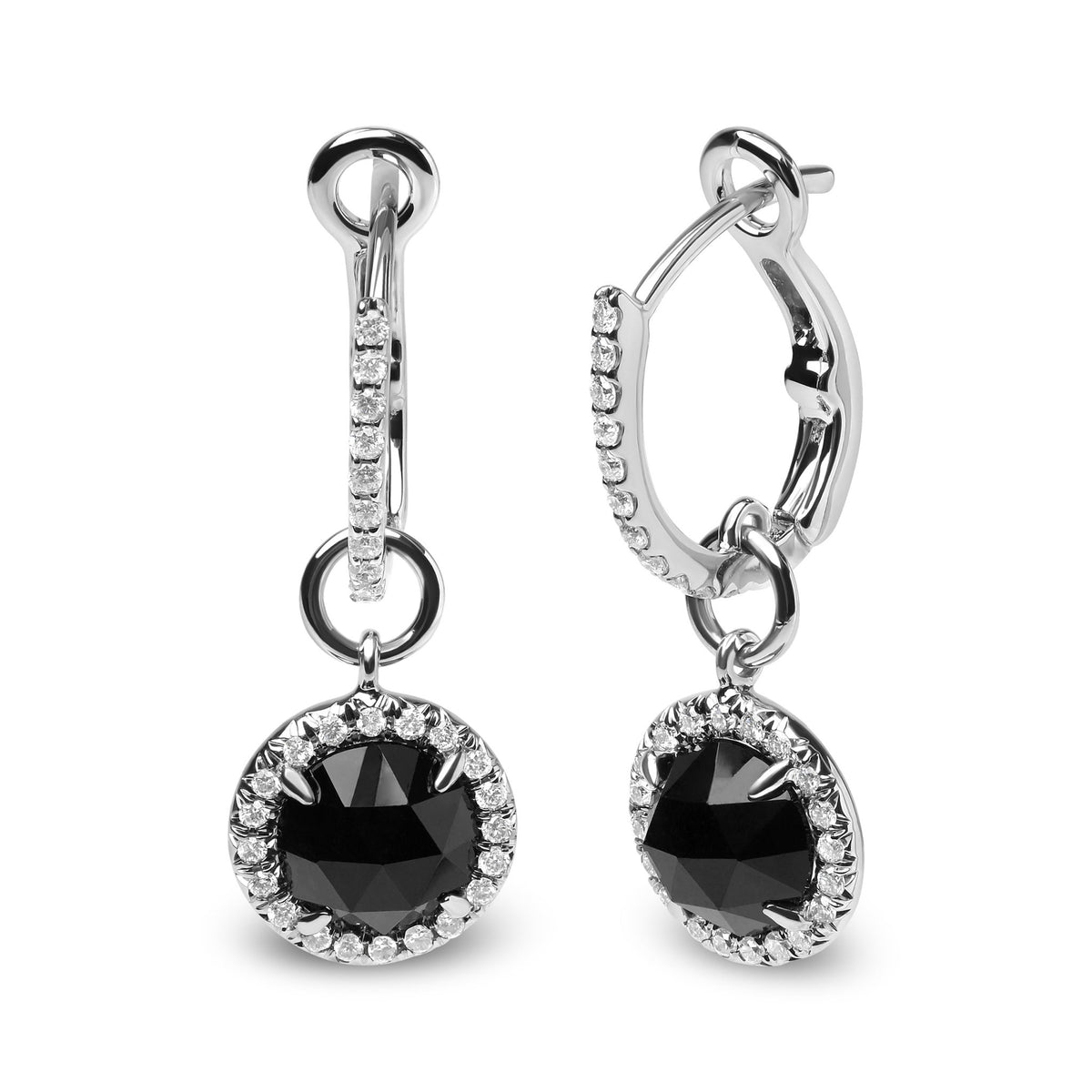 18K White Gold 1/3 Cttw Diamond and 7mm Round Black Onyx Gemstone Halo Dangle Hoop Earrings (G-H Color, SI1-SI2 Clarity) - LinkagejewelrydesignLinkagejewelrydesign