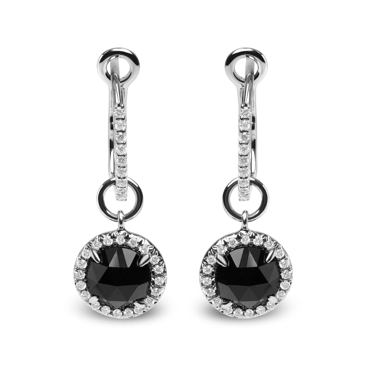 18K White Gold 1/3 Cttw Diamond and 7mm Round Black Onyx Gemstone Halo Dangle Hoop Earrings (G-H Color, SI1-SI2 Clarity) - LinkagejewelrydesignLinkagejewelrydesign