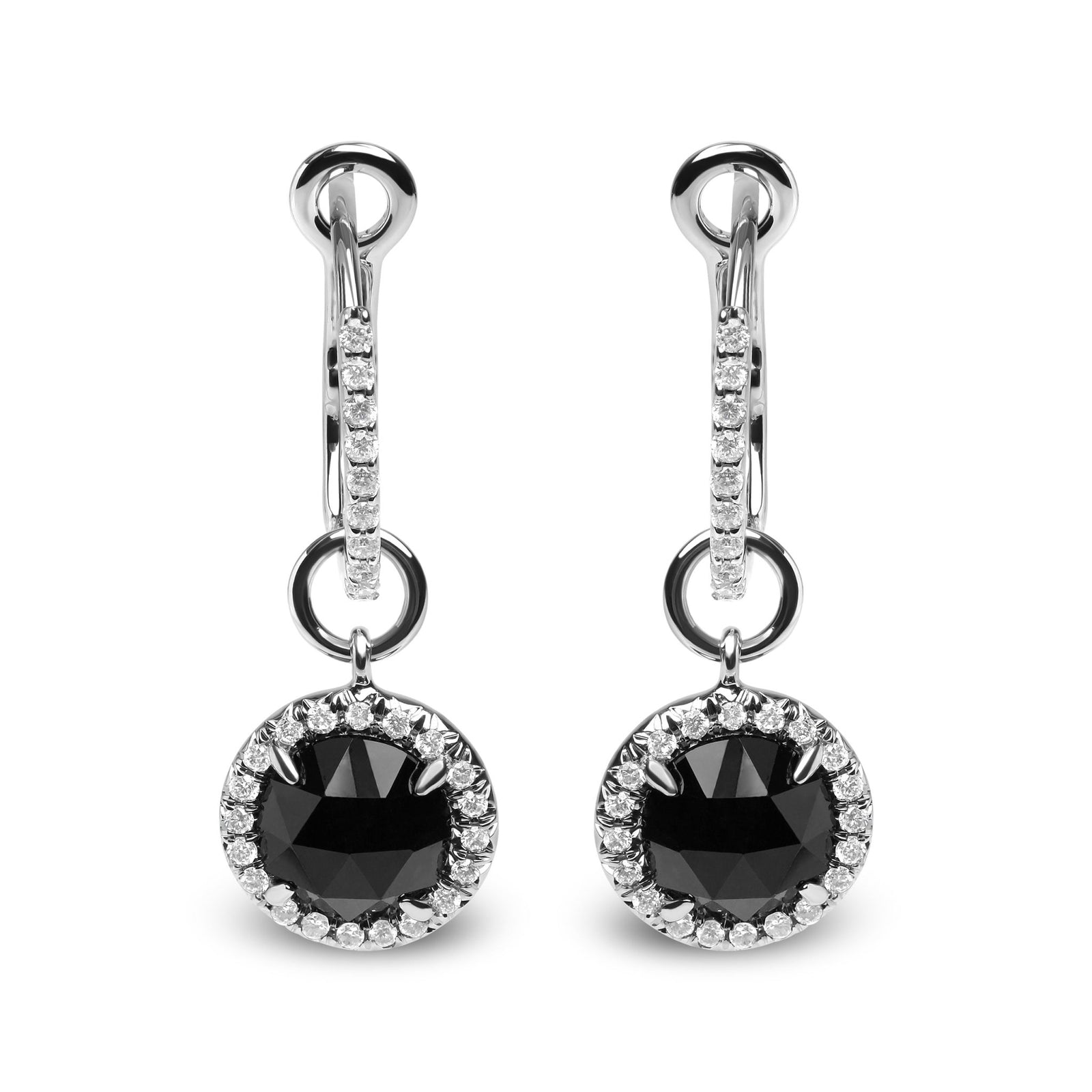 18K White Gold 1/3 Cttw Diamond and 7mm Round Black Onyx Gemstone Halo Dangle Hoop Earrings (G-H Color, SI1-SI2 Clarity) - LinkagejewelrydesignLinkagejewelrydesign