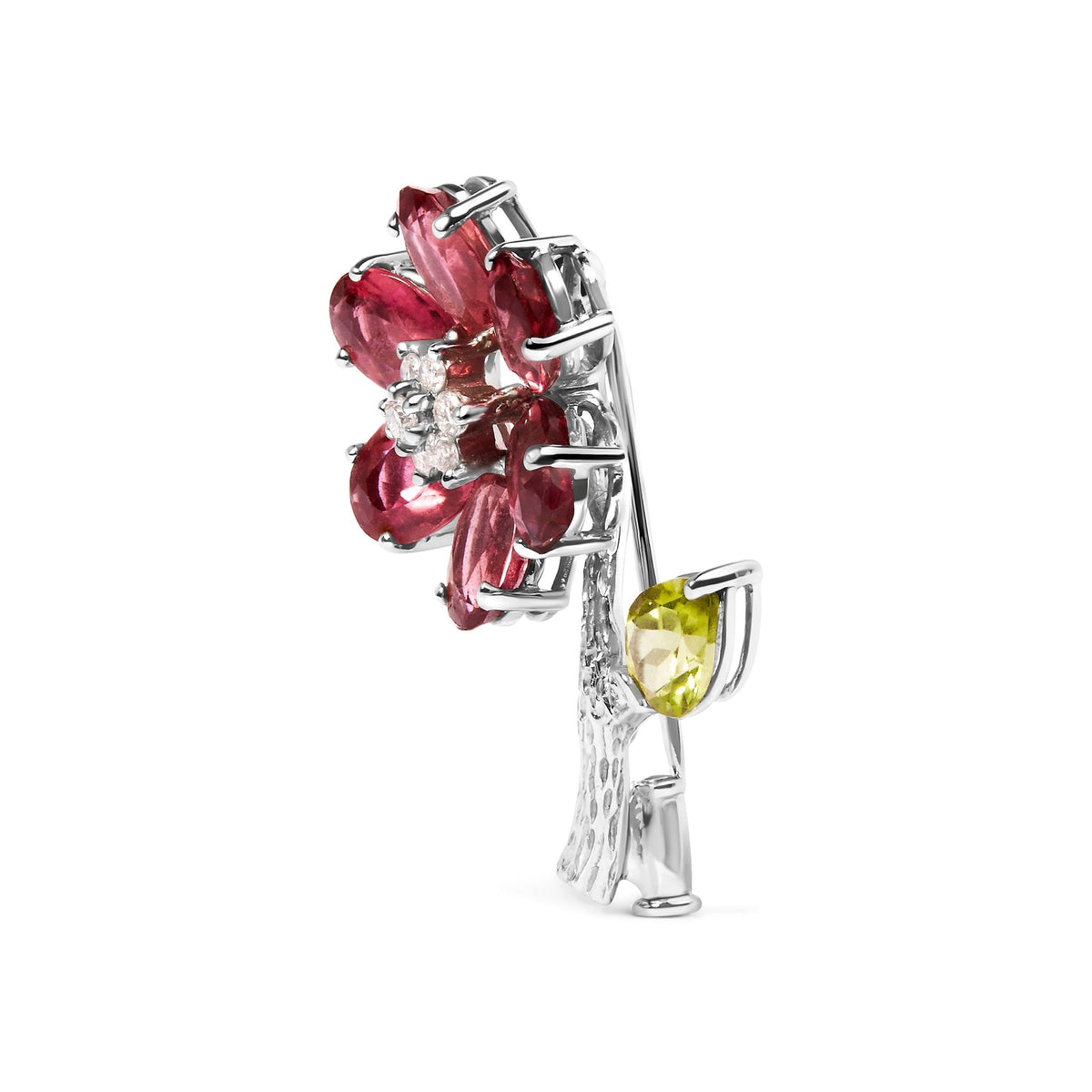 18K White Gold 1/3 Cttw Diamond, Pink Tourmaline, and Green Peridot Flower and Leaf Tulip Brooch Pin (H-I Color, VS2-SI1) - LinkagejewelrydesignLinkagejewelrydesign