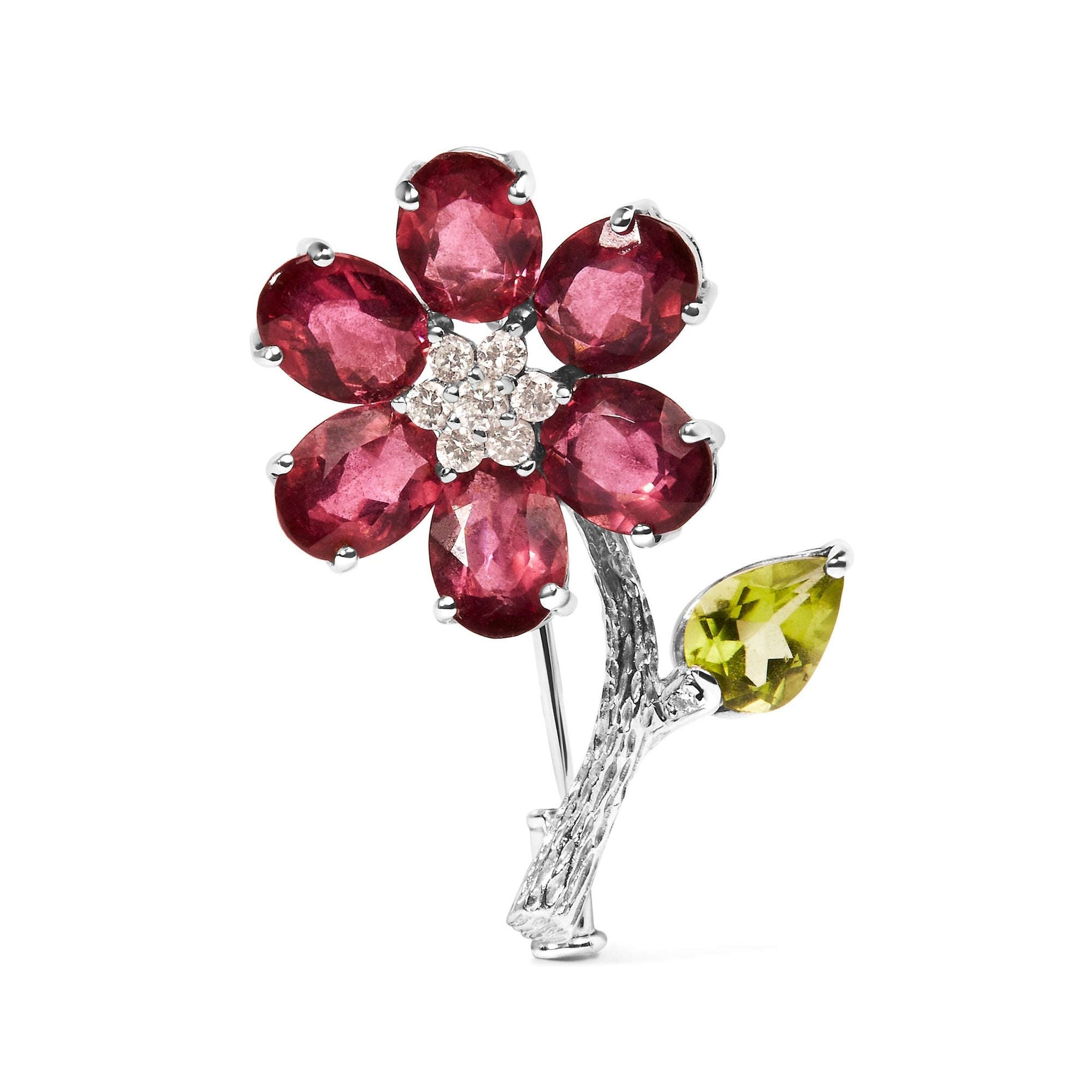 18K White Gold 1/3 Cttw Diamond, Pink Tourmaline, and Green Peridot Flower and Leaf Tulip Brooch Pin (H-I Color, VS2-SI1) - LinkagejewelrydesignLinkagejewelrydesign