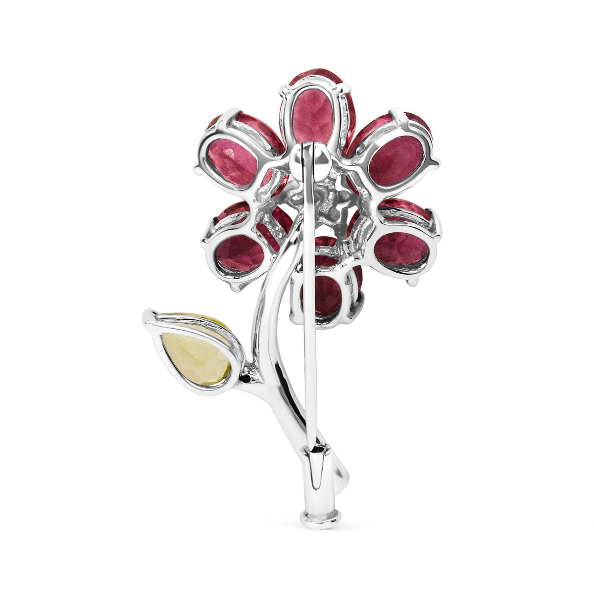 18K White Gold 1/3 Cttw Diamond, Pink Tourmaline, and Green Peridot Flower and Leaf Tulip Brooch Pin (H-I Color, VS2-SI1) - LinkagejewelrydesignLinkagejewelrydesign