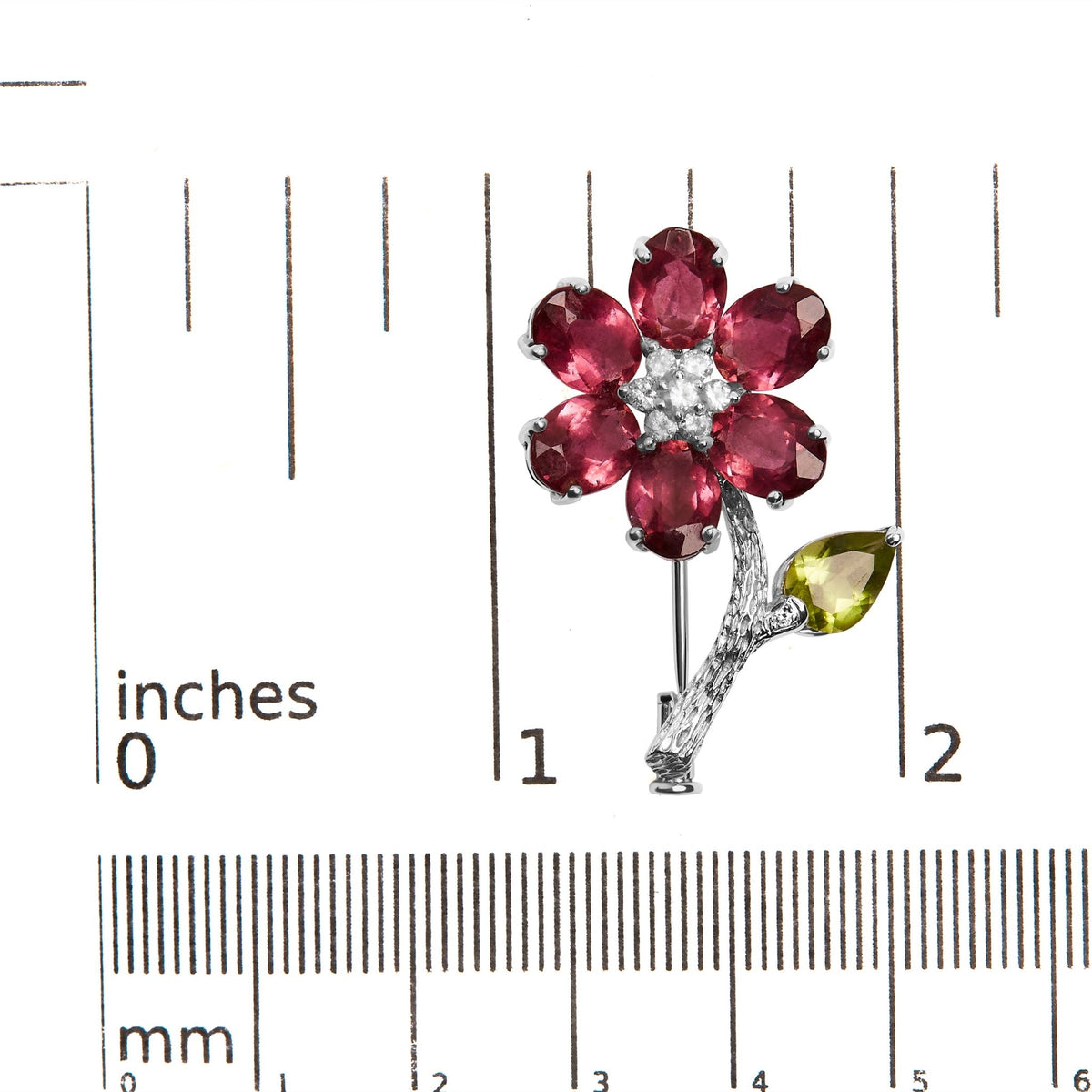 18K White Gold 1/3 Cttw Diamond, Pink Tourmaline, and Green Peridot Flower and Leaf Tulip Brooch Pin (H-I Color, VS2-SI1) - LinkagejewelrydesignLinkagejewelrydesign