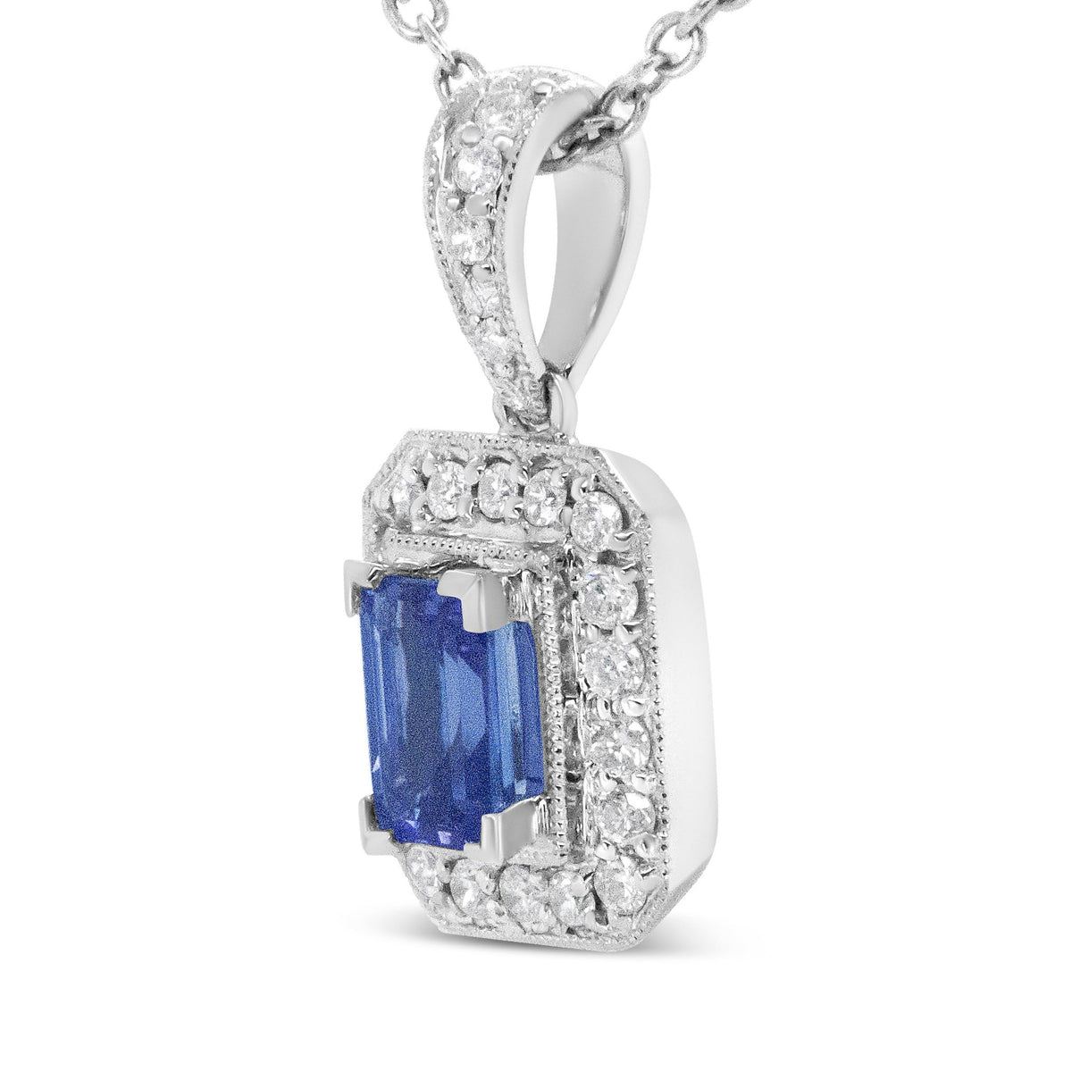 18K White Gold 1/4 Cttw Round Diamond and 6x4mm Purple Tanzanite Halo 18&quot; Pendant Necklace (H-I Color, VS1-VS2 Clarity) - LinkagejewelrydesignLinkagejewelrydesign