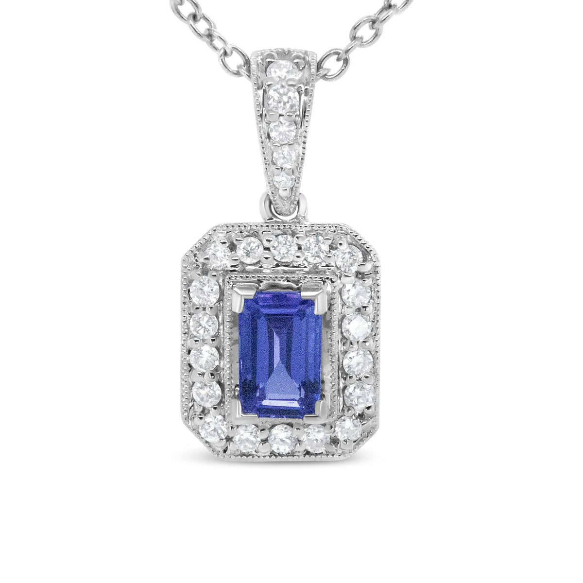 18K White Gold 1/4 Cttw Round Diamond and 6x4mm Purple Tanzanite Halo 18&quot; Pendant Necklace (H-I Color, VS1-VS2 Clarity) - LinkagejewelrydesignLinkagejewelrydesign