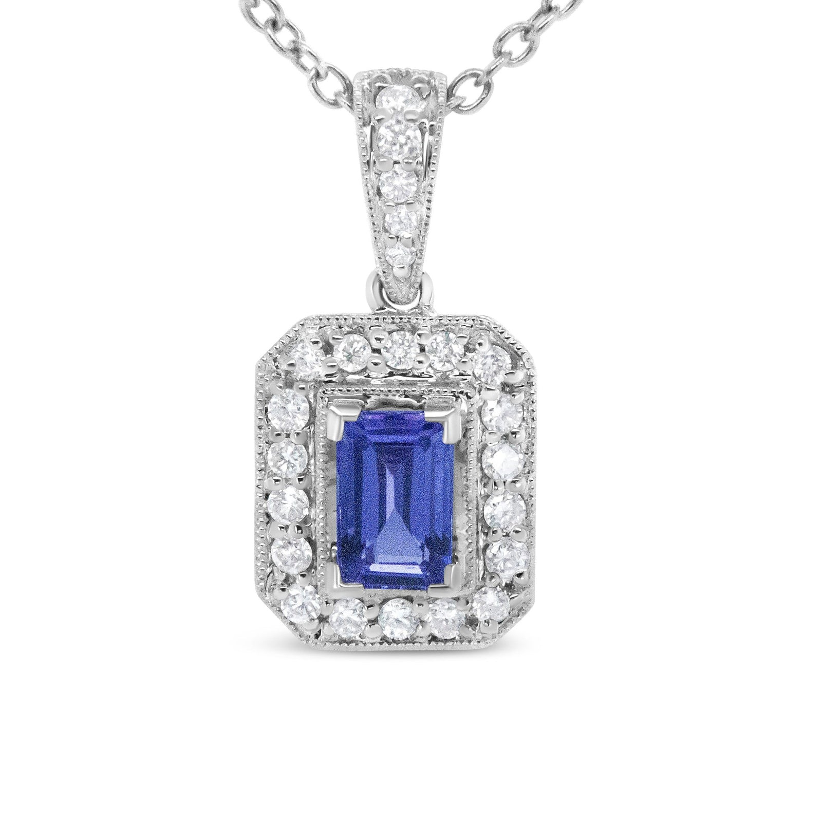 18K White Gold 1/4 Cttw Round Diamond and 6x4mm Purple Tanzanite Halo 18" Pendant Necklace (H-I Color, VS1-VS2 Clarity) - LinkagejewelrydesignLinkagejewelrydesign