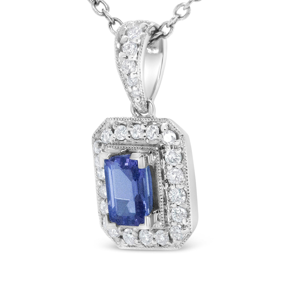 18K White Gold 1/4 Cttw Round Diamond and 6x4mm Purple Tanzanite Halo 18&quot; Pendant Necklace (H-I Color, VS1-VS2 Clarity) - LinkagejewelrydesignLinkagejewelrydesign