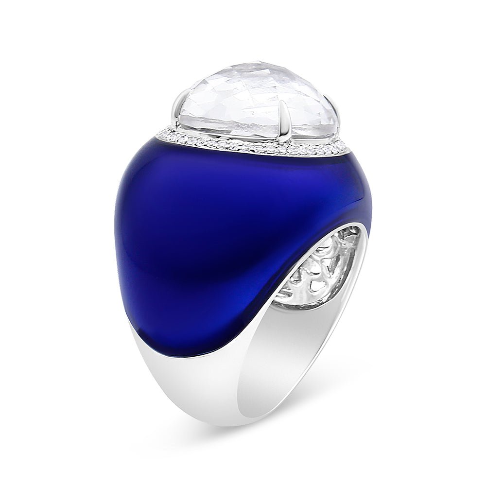 18K White Gold 14mm White Quartz and 1/5 Cttw Diamond Halo with Blue Enamel Dome Ring (F-G Color, VS1-VS2 Clarity) - Ring Size 7 - LinkagejewelrydesignLinkagejewelrydesign