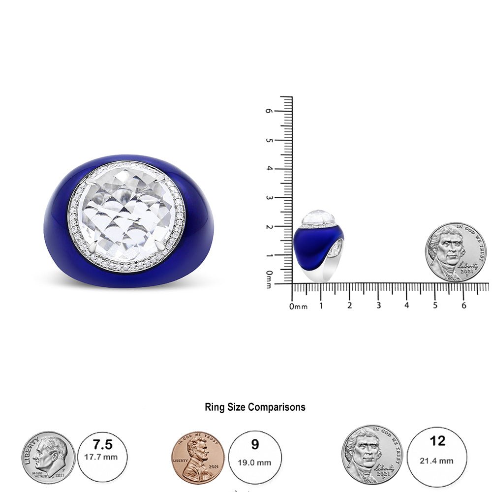 18K White Gold 14mm White Quartz and 1/5 Cttw Diamond Halo with Blue Enamel Dome Ring (F-G Color, VS1-VS2 Clarity) - Ring Size 7 - LinkagejewelrydesignLinkagejewelrydesign