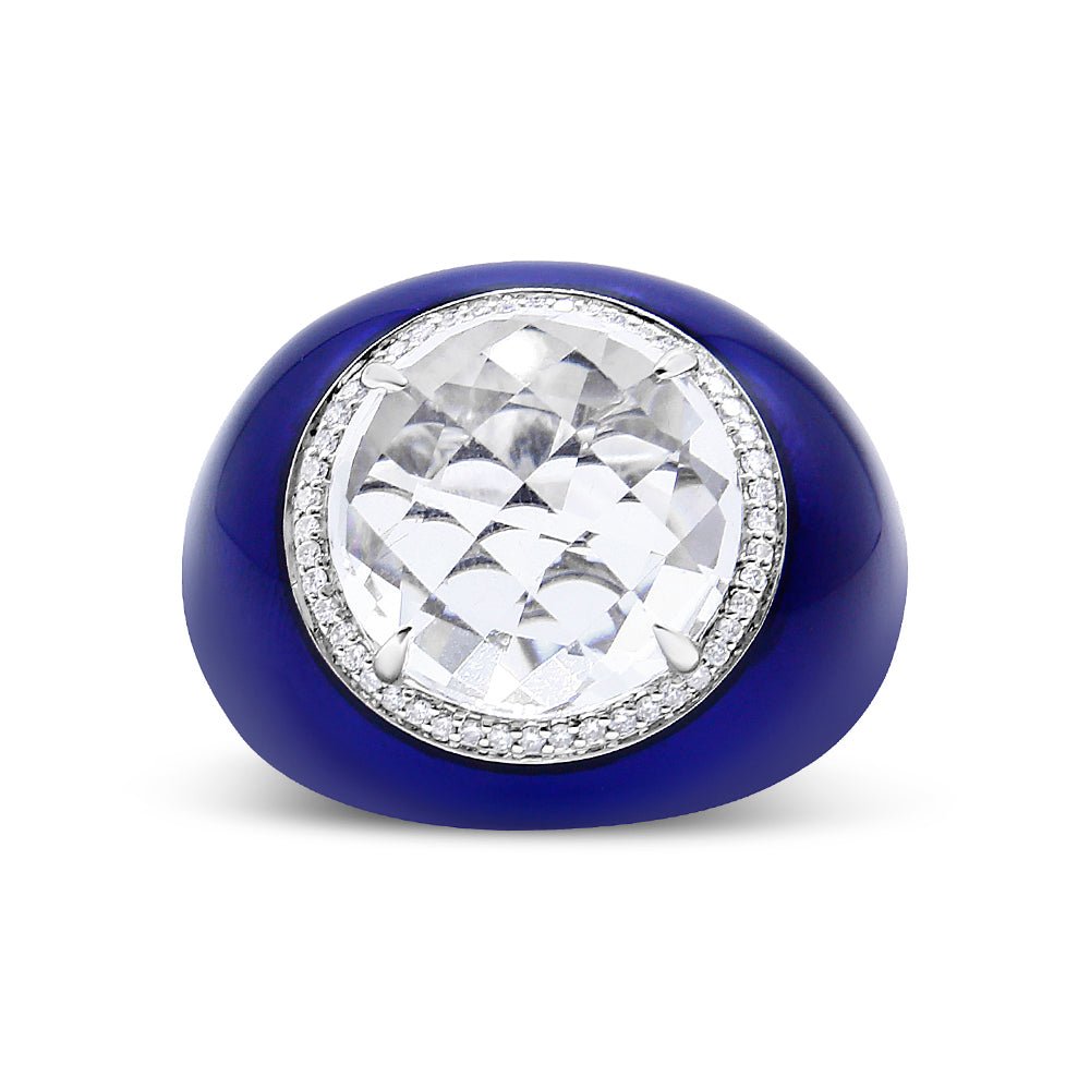 18K White Gold 14mm White Quartz and 1/5 Cttw Diamond Halo with Blue Enamel Dome Ring (F-G Color, VS1-VS2 Clarity) - Ring Size 7 - LinkagejewelrydesignLinkagejewelrydesign
