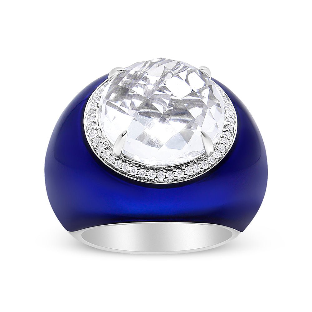 18K White Gold 14mm White Quartz and 1/5 Cttw Diamond Halo with Blue Enamel Dome Ring (F-G Color, VS1-VS2 Clarity) - Ring Size 7 - LinkagejewelrydesignLinkagejewelrydesign