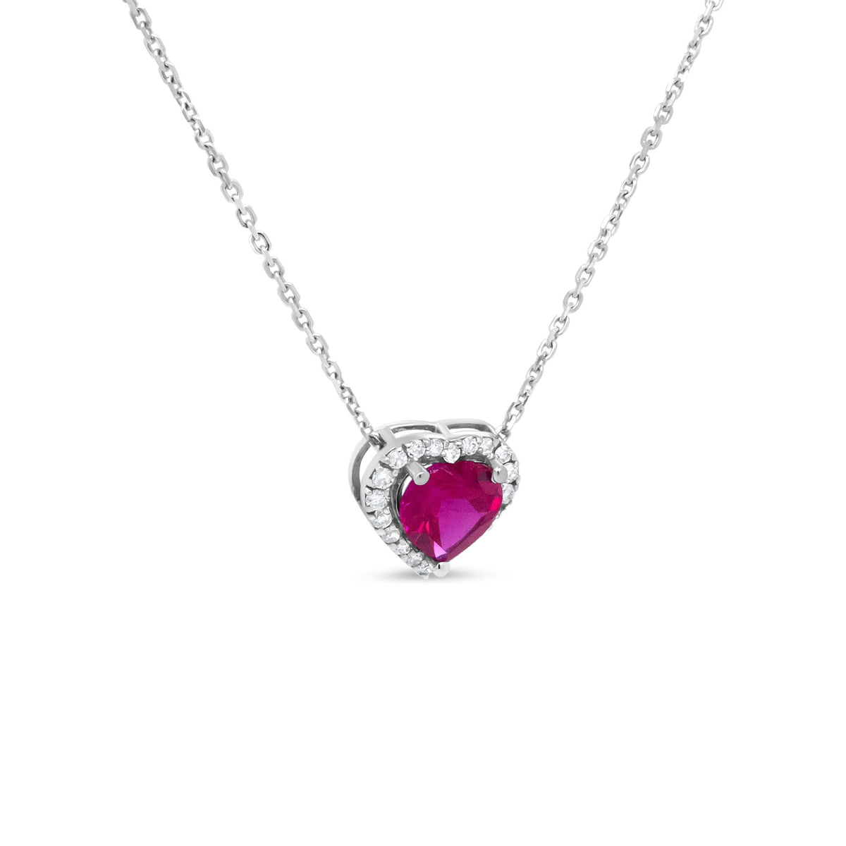 18K White Gold 1/5 Cttw Diamond and 6.7 x 7mm Heart-Shaped Ruby Halo 18&quot; Pendant Necklace (G-H Color, I1-I2 Clarity) - LinkagejewelrydesignLinkagejewelrydesign